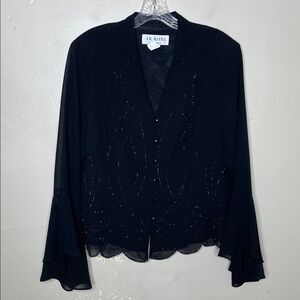 VINTAGE J R Nites Black Whimsigoth Beaded Sheer Sleeves Scalloped Hem Blazer 14